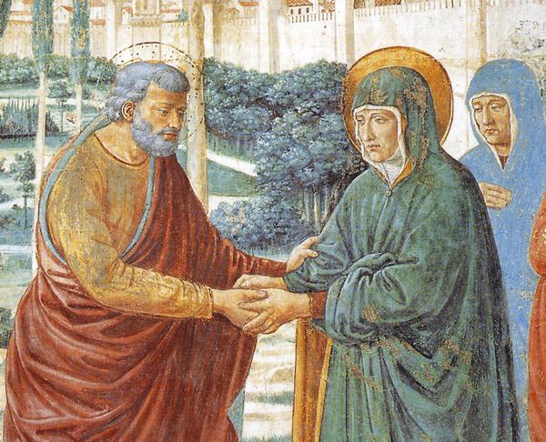 Oil painting:Tabernacle of the Visitation: Meeting at the Golden Gate. Detail.1491