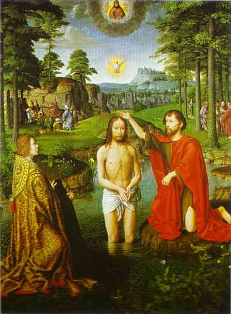 Oil painting:The Baptism of Christ. Central section of the triptych. c. 1505