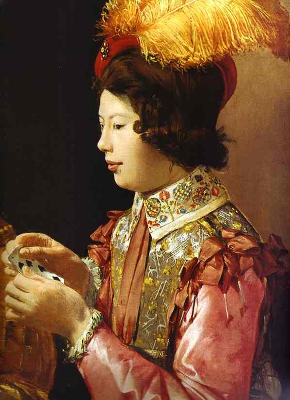 Oil painting:The Card-Sharp with the Ace of Clubs. Detail. c. 1620-1640