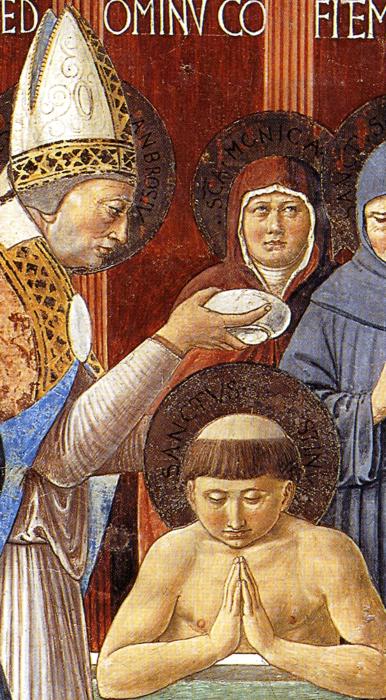 Oil painting:Baptism of St. Augustine. Detail.1464