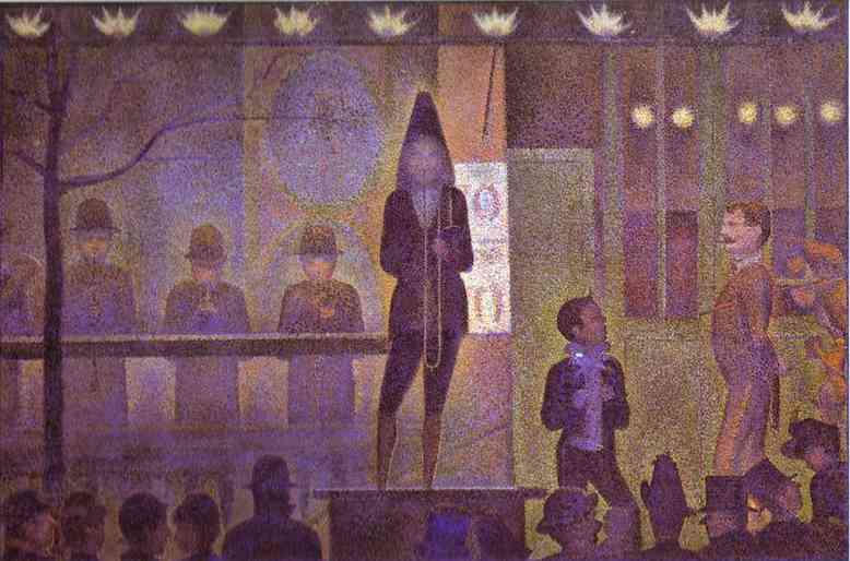 Oil painting:Invitation to the Sideshow (La Parade de Cirque). 1887