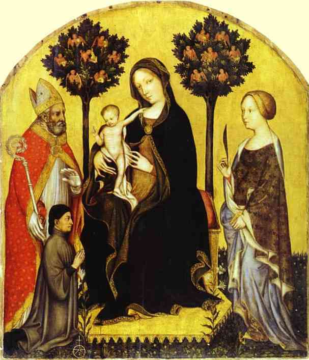 Oil painting:Virgin and Child with St. Nicholas and St. Catherine. c. 1405