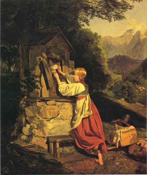 Oil painting for sale:A Girl Putting a Rose on a Wooden House (An Old Game)