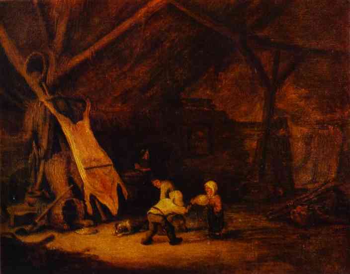 Oil painting:Children Playing in a Barn. 1639