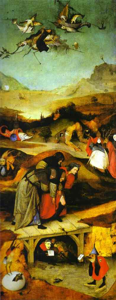 Oil painting:Flight and Failure of St. Anthony. Left wing. 1500