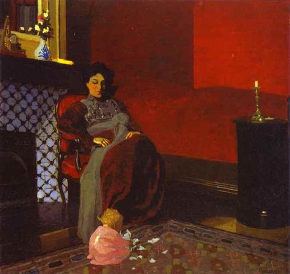 Oil painting:Interior: Red Room with Woman and Child/Int