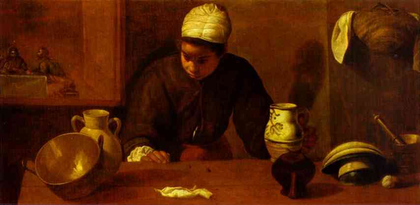 Oil painting:Kitchen Maid with the Supper at Emmaus. c. 1618