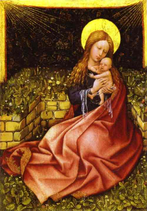 Oil painting:Madonna by a Grassy Bank. c. 1425