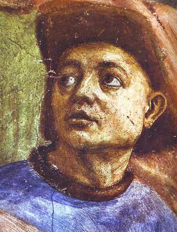 Oil painting:Masaccio and Filippino Lippi. Raising of the Son of Theophilus (detail). 1425