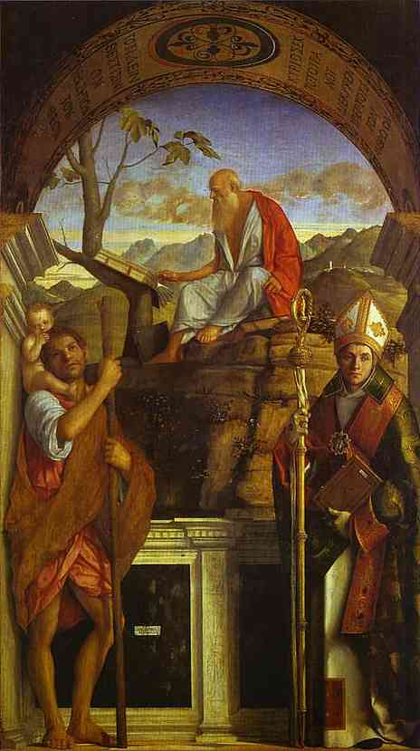 Oil painting:St. Christopher, St. Jerome, and St. Louis. 1513