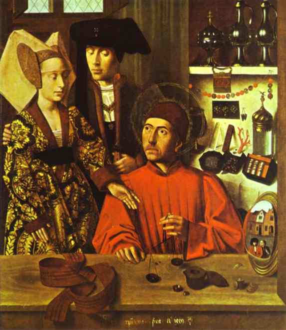 Oil painting:St. Eligius, as a Goldsmith, Hands the Wedding Couple a Ring. 1469