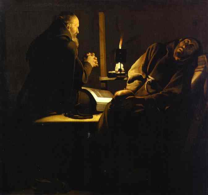 Oil painting:St. Francis in Extasy, also called The Praying Monk beside the Dying Monk. (Copy of the