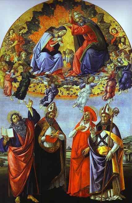 Oil painting:Coronation of the Virgin with the Saints John the Evangelist, Augustine, Jerome and