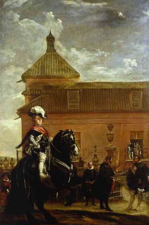 Oil painting:Prince Baltasar Carlos with the Count-Duke of Olivares at the Royal Mews. c. 1636