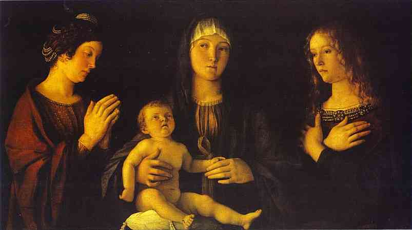 Oil painting:Virgin and Child between St. Catherine and St. Mary Magdalene. c. 1500