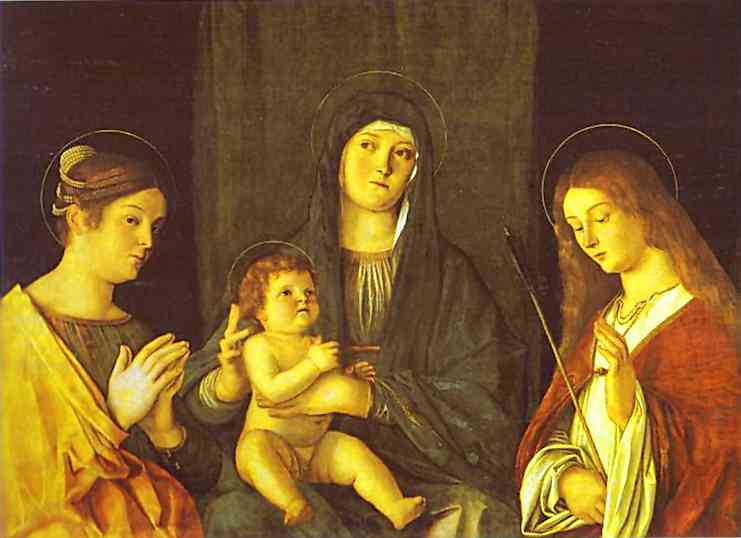 Oil painting:Madonna and Child between SS. Catherine and Ursula. c. 1500