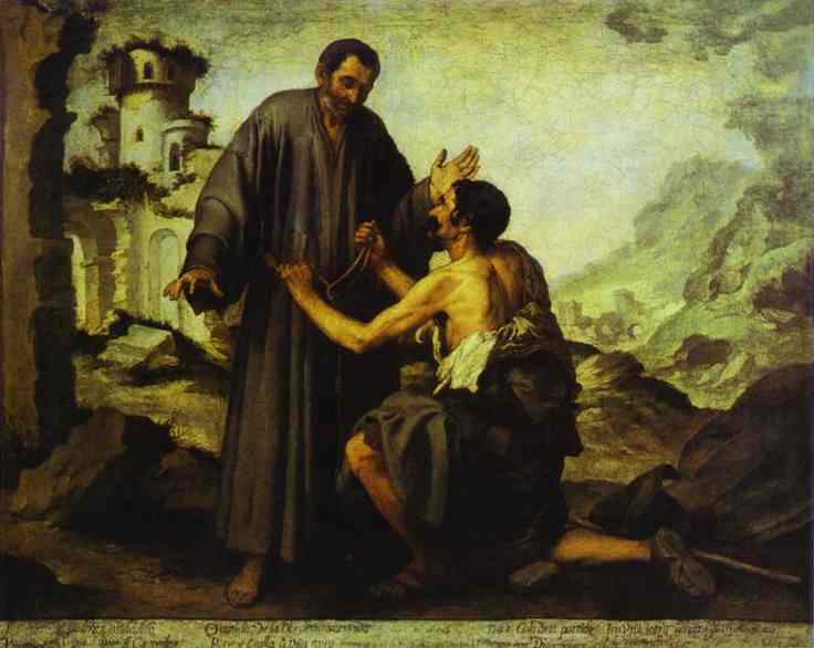 Oil painting:Brother Juniper and the Beggar. Oil on canvas. Louvre, Paris, France.