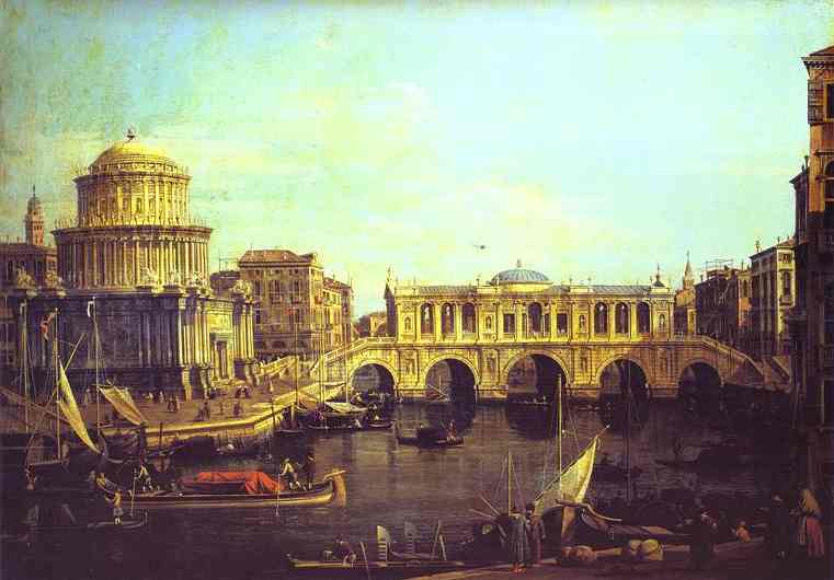 Oil painting:Capriccio: the Grand Canal, with an Imaginary Rialto Bridge and Other Buildings. 1740