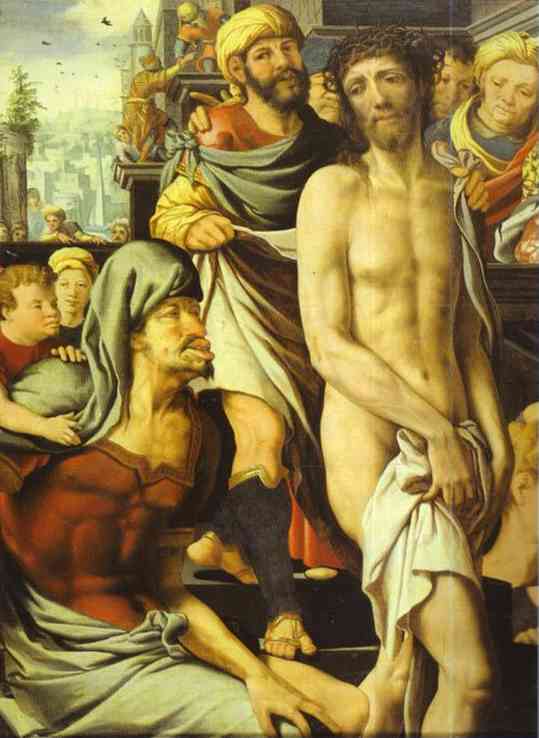 Oil painting:Christ Mocked. Detail. c. 1500