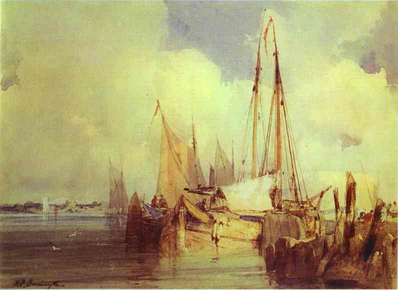 Oil painting:French River Scene with Fishing Boats. 1824