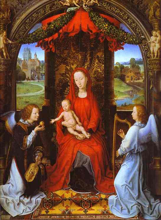 Oil painting:Madonna and Child with Two Angels. Oil on panel. Galleria degli Uffizi, Florence,