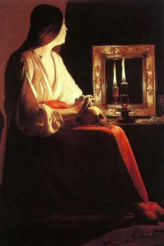 Oil painting:Repenting Magdalene, also called Magdalene and Two Flames or Magdalene Wrigtsman. Late