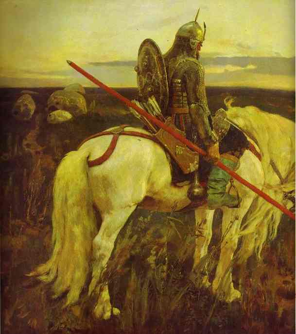 Oil painting:A Knight at the Crossroads. Detail. 1882