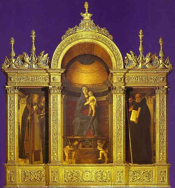 Oil painting:Frari Triptych, general view. Madonna and Child with Two Musical Angels Between SS.