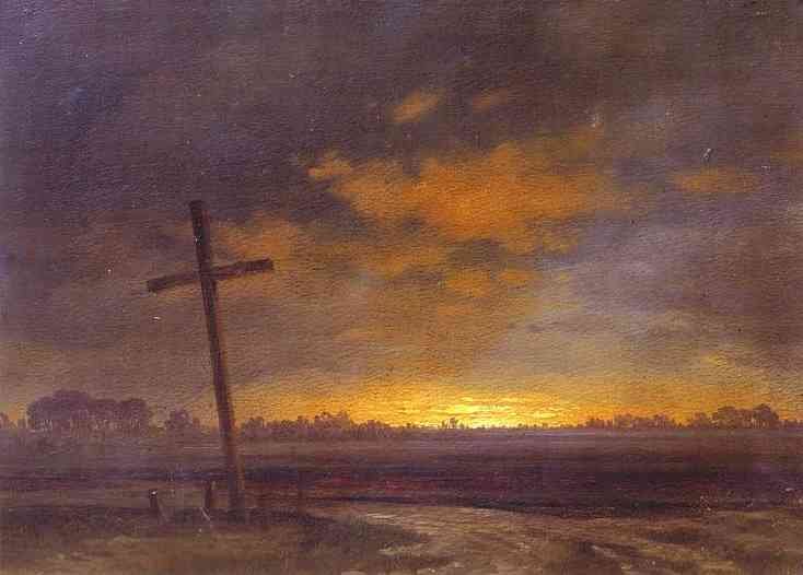 Oil painting:Landscape with a Cross. Lithuania. 1860-70s