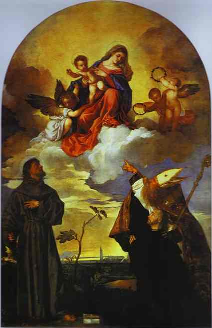 Oil painting:Madonna in Glory with the Christ Child and Saints Francis and Alvise with the Donor