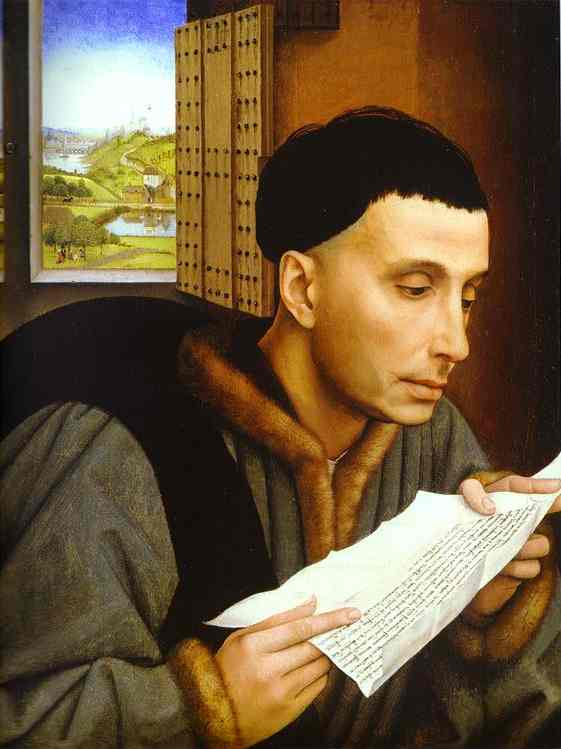 Oil painting:Man Reading (St. Ivo?). c. 1450