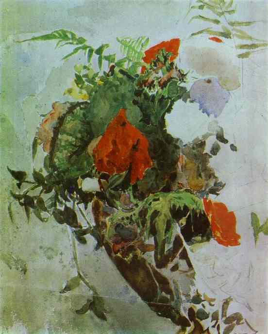 Oil painting:Red Flowers and Leaves of Begonia in a Basket. 1886