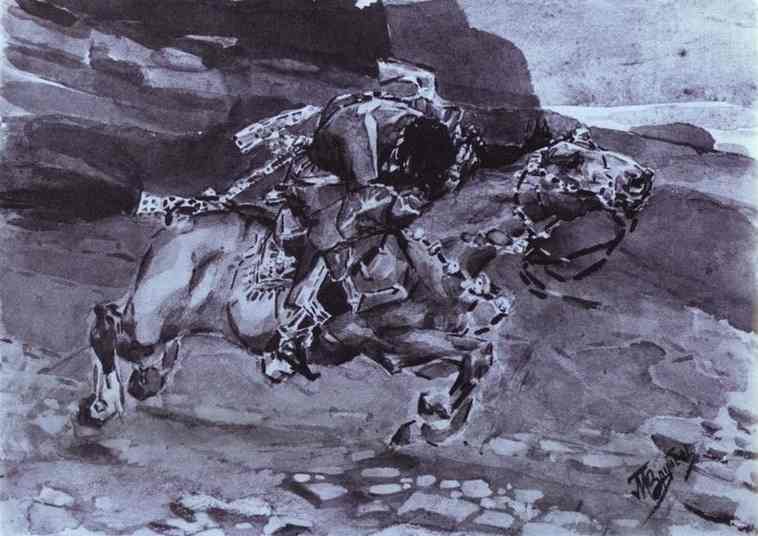 Oil painting:Rider. Illustration for The Demon by Mikhail Lermontov. 1890