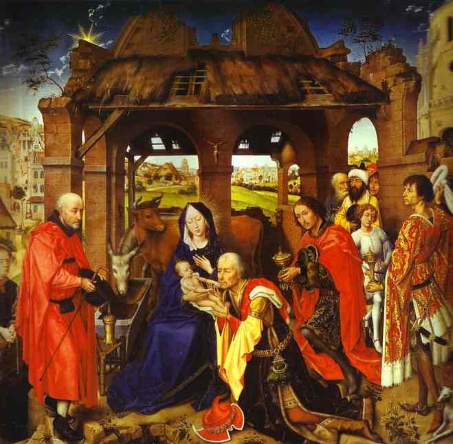 Oil painting:St. Columba Altarpiece. Adoration of the Magi. Central part. c.1455