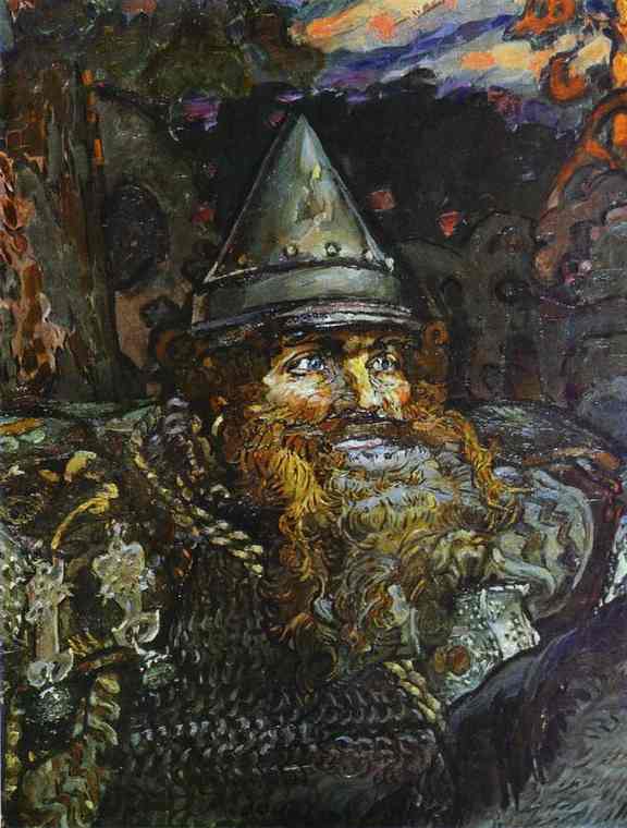 Oil painting:The Bogatyr (Hero). Decorative panel. Detail. 1898