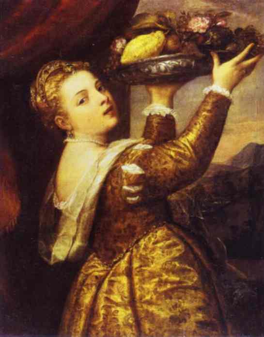 Oil painting:Woman with a Fruit Bowl. c.1555