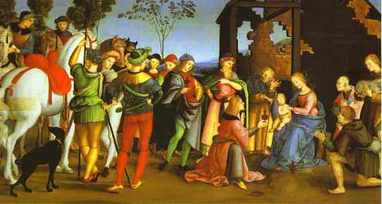 Oil painting:Adoration of the Magi (from the predella of the Coronation of the Virgin). c. 1503-1504