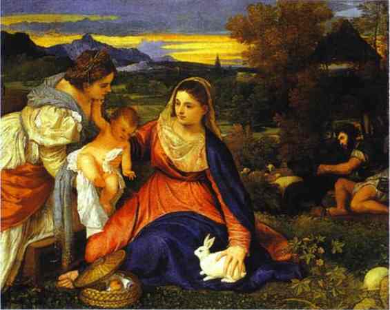 Oil painting:Madonna and Child with St. Catherine and a Rabbit. 1530