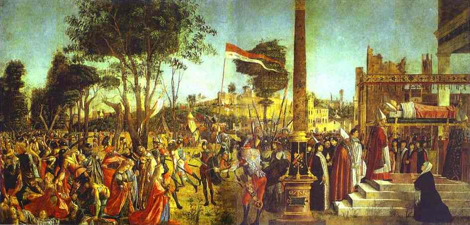 Oil painting:The Legend of St. Ursula: Martyrdom and Funeral of St. Ursula. 1493