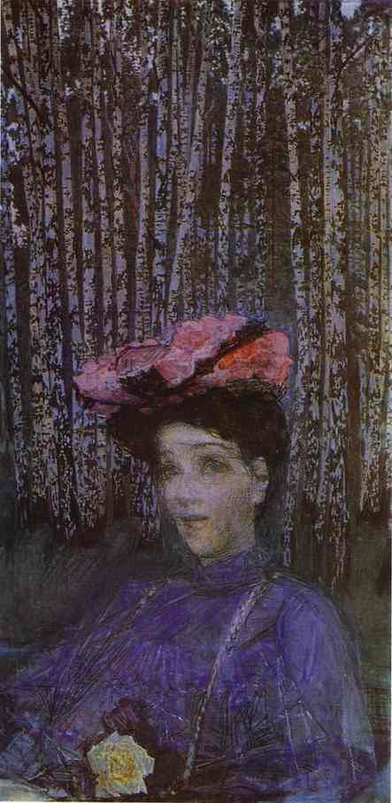 Oil painting:Portrait of N. Zabela-Vrubel on the Edge of a Birch Grove. 1904