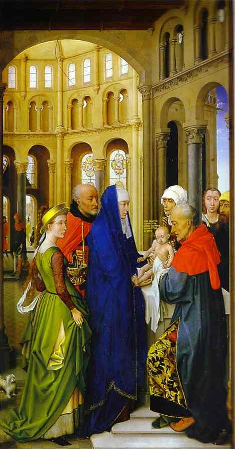 Oil painting:St. Columba Altarpiece. Presentation in the Temple. The right panel. c.1455