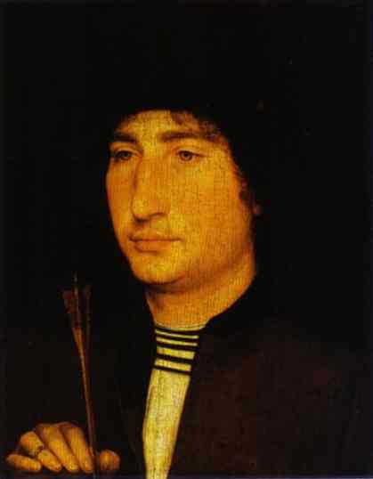 Oil painting:Portrait of a Man with an Arrow. c. 1470