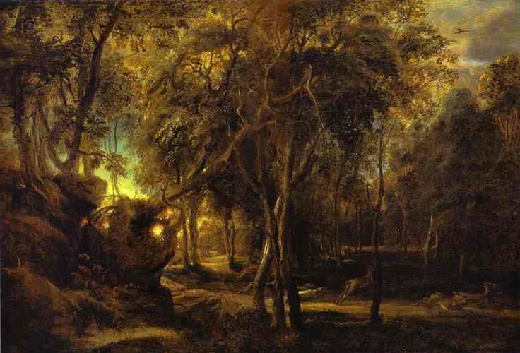 Oil painting:A Forest at Dawn with a Deer Hunt. c.1635