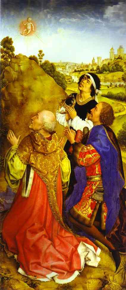 Oil painting:Middelburg Altarpiece. Three Magi. Detail. c.1445-1448