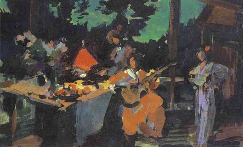 Oil painting: On a Terrace. Evening in the Coutry. 1901