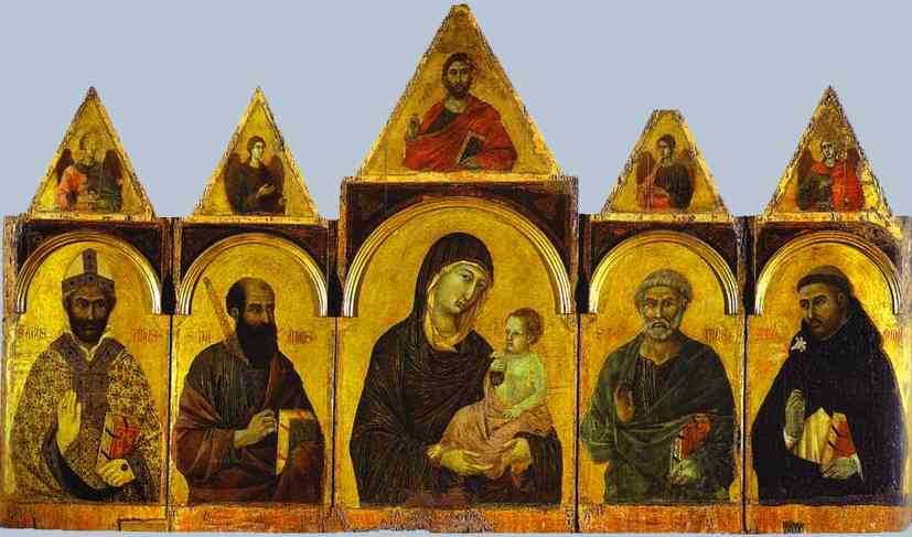 Oil painting:Polyptych No. 28 (The Holy Virgin with the Christ Child and Four Saints). c.1305