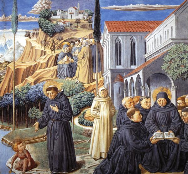 Oil painting:The Parable of the Holy Trinity and the Visit to the Monks of Mount Pisano. 1464