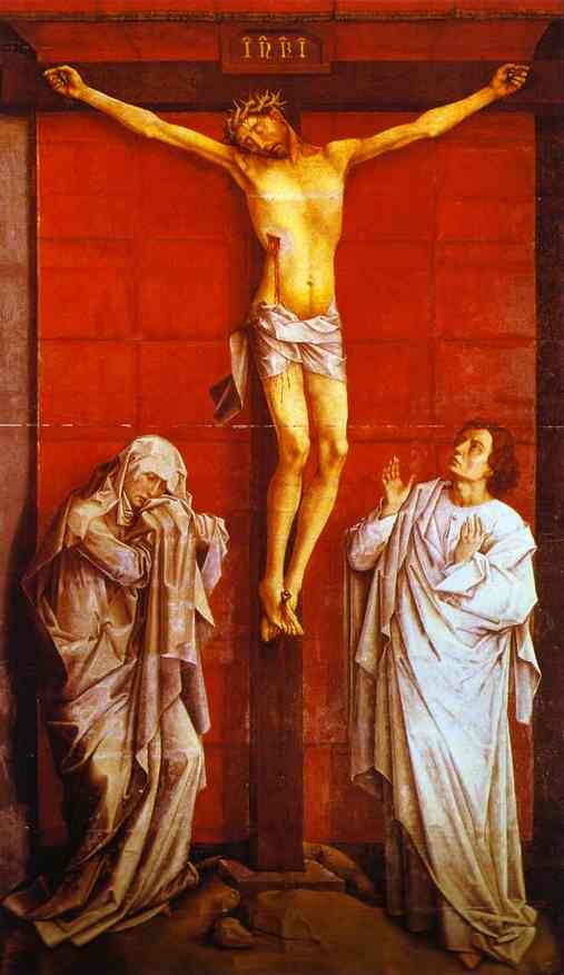 Oil painting:Crucifixion. c.1460