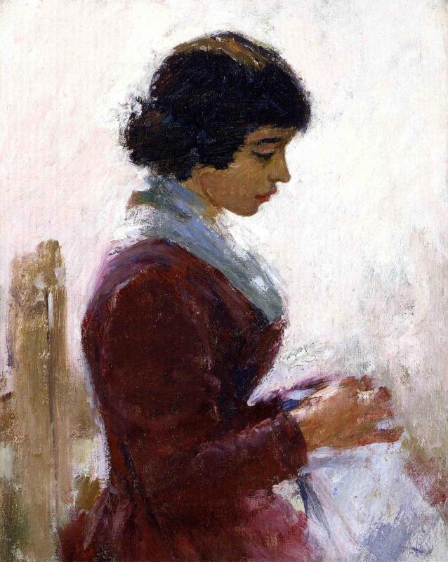 Girl in Red Sewing