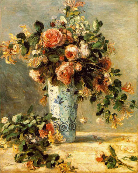 Les roses et jasmin dans le vase de Delft